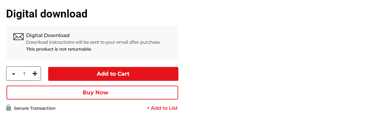 Wireframe showing Digital Download state, with a note that download instructions are emailed after purchase and the product is non-returnable